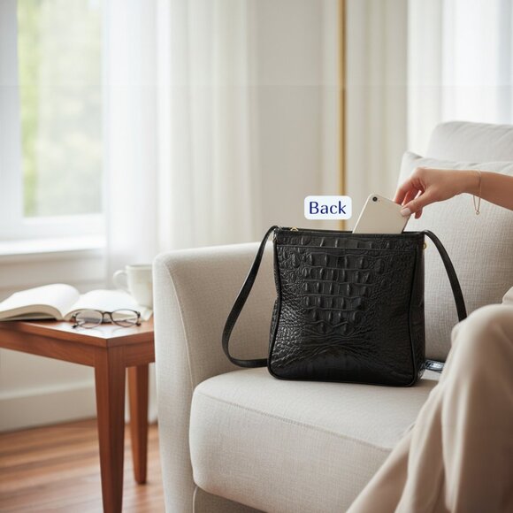 Brahmin Tilda Black Croc Embossed Leather Cross Body Satchel - Picture 3 of 9